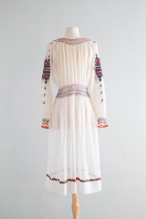 Exquisite 1920's Hungarian Embroidered Cotton Voile Dress / Medium