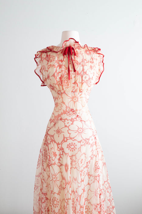 The Dreamiest 1930's Sheer Red Floral Print Bias Cut Gown / Small