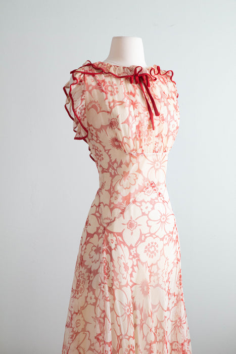 The Dreamiest 1930's Sheer Red Floral Print Bias Cut Gown / Small