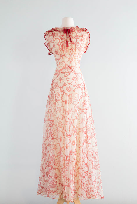 The Dreamiest 1930's Sheer Red Floral Print Bias Cut Gown / Small