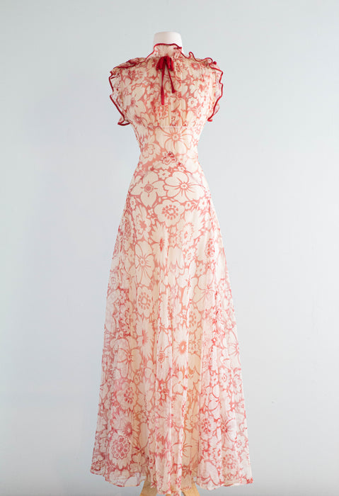 The Dreamiest 1930's Sheer Red Floral Print Bias Cut Gown / Small