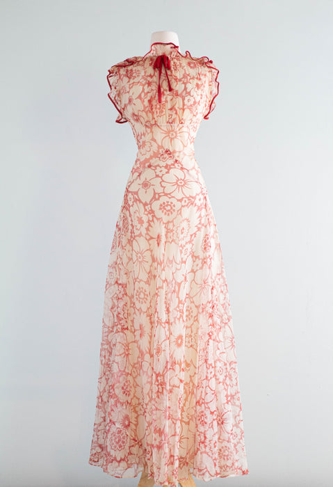 The Dreamiest 1930's Sheer Red Floral Print Bias Cut Gown / Small Xtabay Vintage The Dreamiest 1930's Sheer Red Floral Print Bias Cut Gown / Small Xtabay Vintage