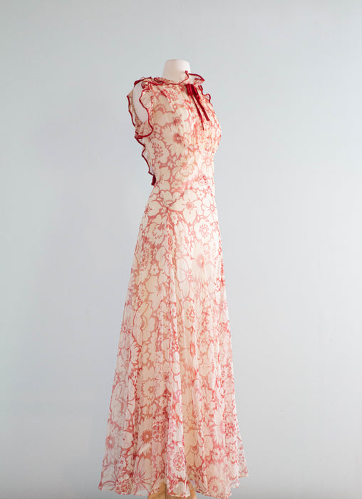 The Dreamiest 1930's Sheer Red Floral Print Bias Cut Gown / Small