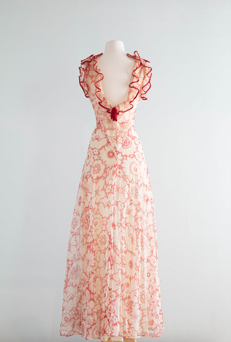 The Dreamiest 1930's Sheer Red Floral Print Bias Cut Gown / Small