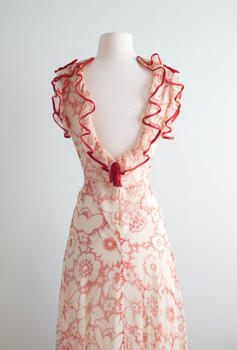 The Dreamiest 1930's Sheer Red Floral Print Bias Cut Gown / Small