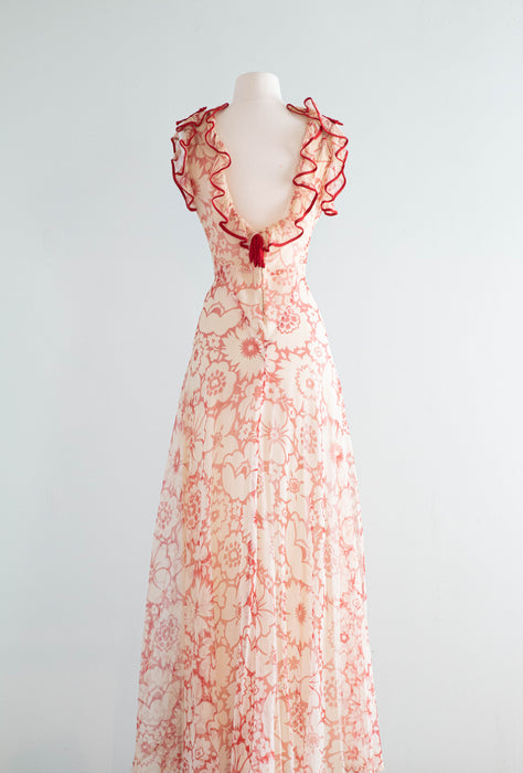 The Dreamiest 1930's Sheer Red Floral Print Bias Cut Gown / Small