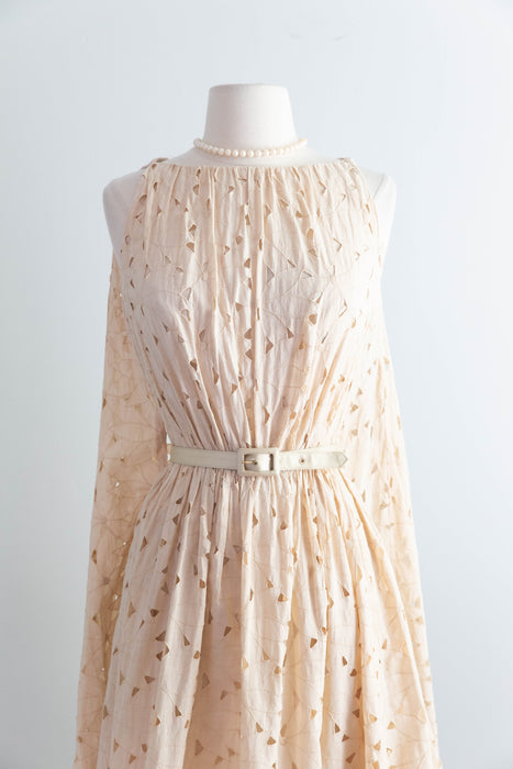 Fabulous Late 1950's Eyelet Cotton Occasion Dress In Soft Bisque By Estevez / SM