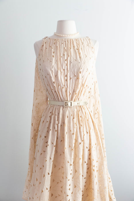 Fabulous Late 1950's Eyelet Cotton Occasion Dress In Soft Bisque By Estevez / SM