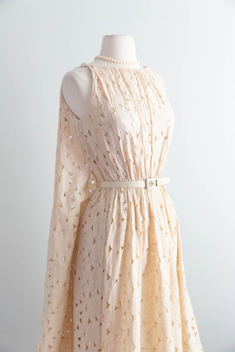 Fabulous Late 1950's Eyelet Cotton Occasion Dress In Soft Bisque By Estevez / SM