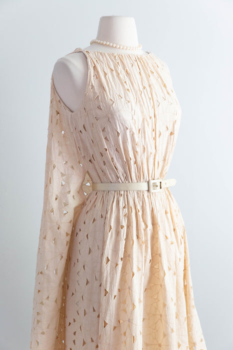 Fabulous Late 1950's Eyelet Cotton Occasion Dress In Soft Bisque By Estevez / SM
