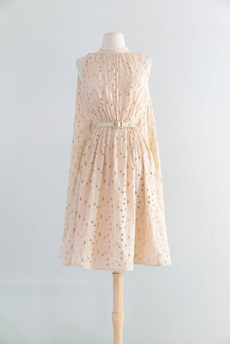 Fabulous Late 1950's Eyelet Cotton Occasion Dress In Soft Bisque By Estevez / SM