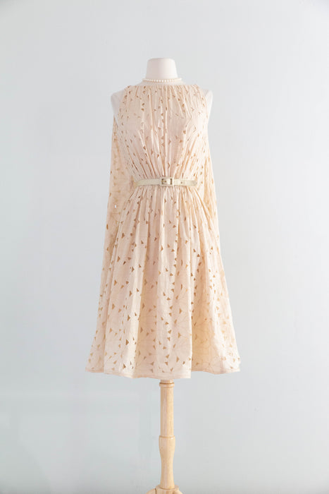 Fabulous Late 1950's Eyelet Cotton Occasion Dress In Soft Bisque By Estevez / SM