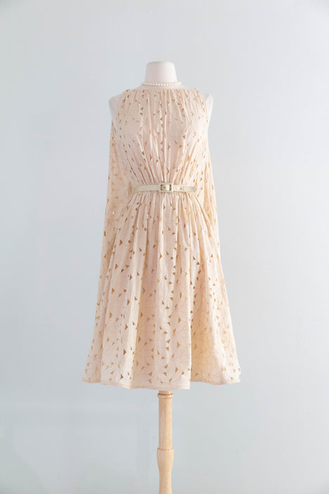 Fabulous Late 1950's Eyelet Cotton Occasion Dress In Soft Bisque By Estevez / SM