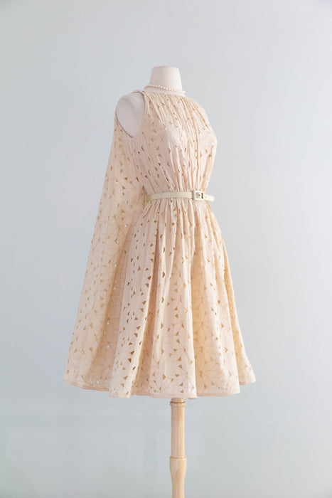 Fabulous Late 1950's Eyelet Cotton Occasion Dress In Soft Bisque By Estevez / SM