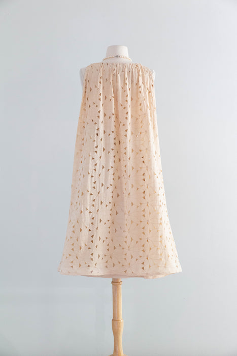 Fabulous Late 1950's Eyelet Cotton Occasion Dress In Soft Bisque By Estevez / SM