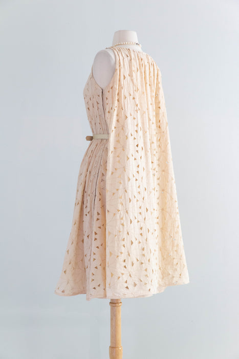 Fabulous Late 1950's Eyelet Cotton Occasion Dress In Soft Bisque By Estevez / SM