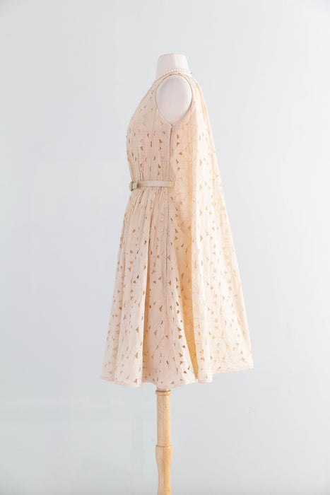 Fabulous Late 1950's Eyelet Cotton Occasion Dress In Soft Bisque By Estevez / SM