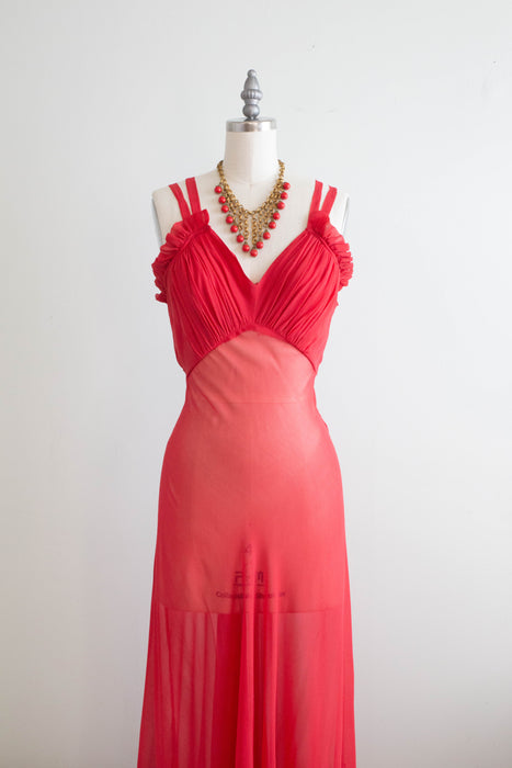 Stunning 1930's Hibiscus Silk Chiffon Bias Cut Evening Dress / Small