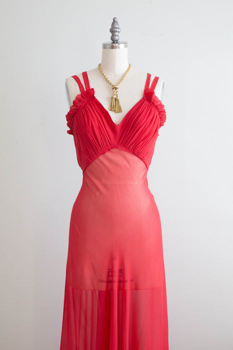 Stunning 1930's Hibiscus Silk Chiffon Bias Cut Evening Dress / Small