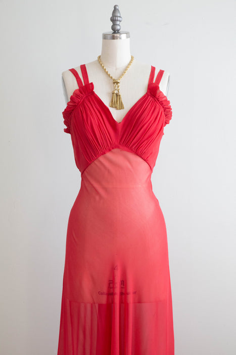 Stunning 1930's Hibiscus Silk Chiffon Bias Cut Evening Dress / Small