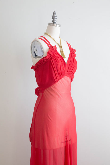 Stunning 1930's Hibiscus Silk Chiffon Bias Cut Evening Dress / Small