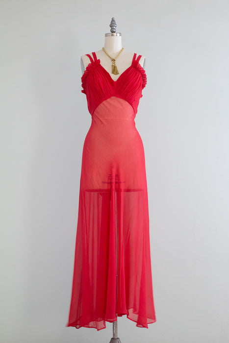 Stunning 1930's Hibiscus Silk Chiffon Bias Cut Evening Dress / Small