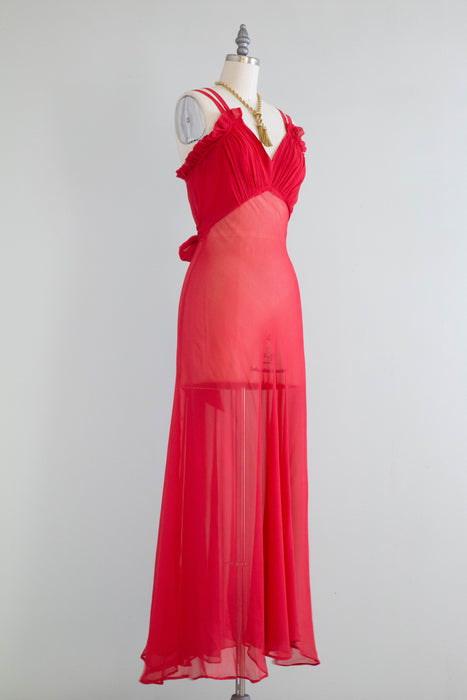 Stunning 1930's Hibiscus Silk Chiffon Bias Cut Evening Dress / Small