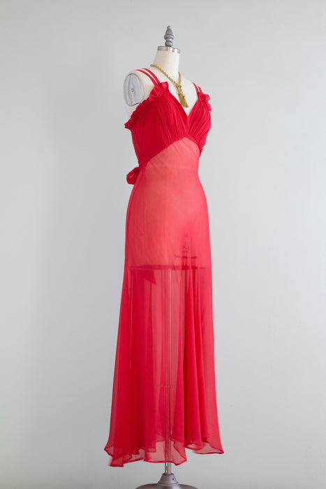 Stunning 1930's Hibiscus Silk Chiffon Bias Cut Evening Dress / Small