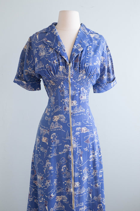 Utterly Charming 1940's Hawaiian Novelty Print Dressing Gown / ML