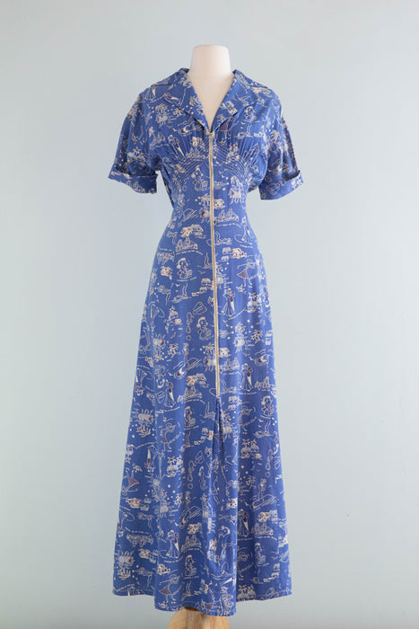 Utterly Charming 1940's Hawaiian Novelty Print Dressing Gown / ML