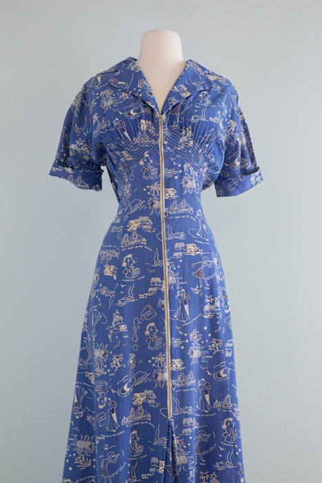 Utterly Charming 1940's Hawaiian Novelty Print Dressing Gown / ML