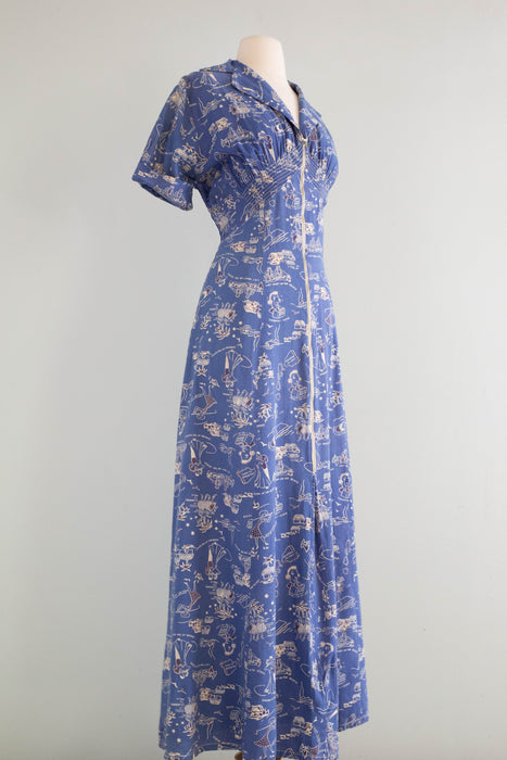 Utterly Charming 1940's Hawaiian Novelty Print Dressing Gown / ML