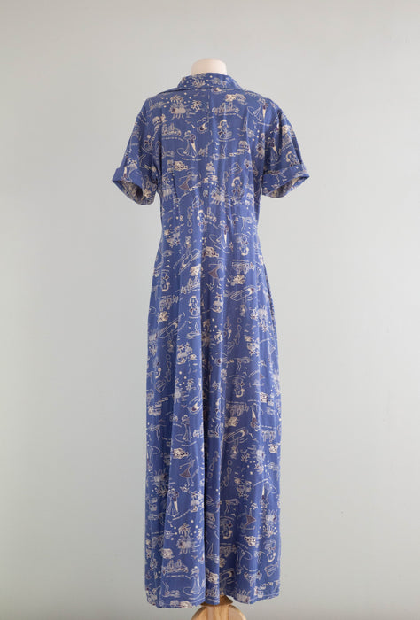 Utterly Charming 1940's Hawaiian Novelty Print Dressing Gown / ML