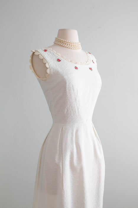 Adorable 1960's White Cotton Special Occasion Dress / Medium