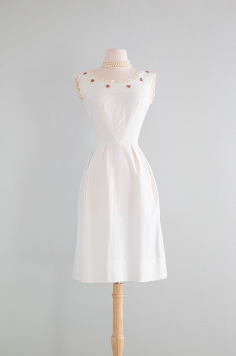 Adorable 1960's White Cotton Special Occasion Dress / Medium