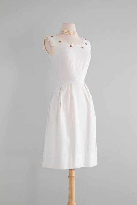 Adorable 1960's White Cotton Special Occasion Dress / Medium