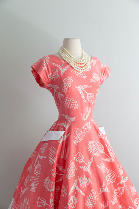 Darling 1950's Horrockses Cotton Day Dress In Pinky Coral With Pockets! / SM