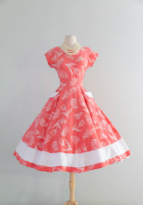 Darling 1950's Horrockses Cotton Day Dress In Pinky Coral With Pockets! / SM
