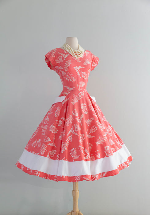 Darling 1950's Horrockses Cotton Day Dress In Pinky Coral With Pockets! / SM
