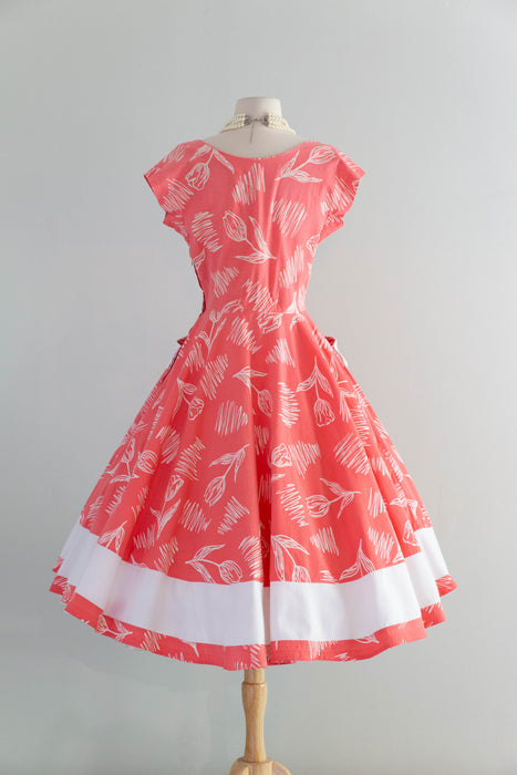Darling 1950's Horrockses Cotton Day Dress In Pinky Coral With Pockets! / SM