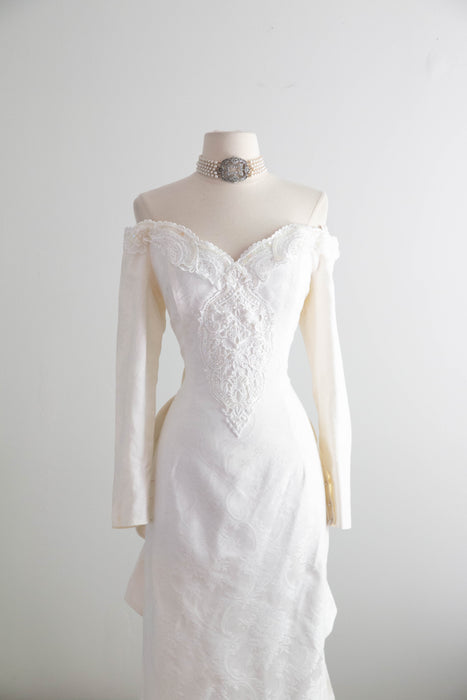 Dreamy 1980's Jessica McClintock OTS Ivory Brocade Wedding Gown / Medium