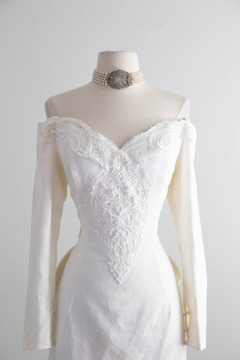 Dreamy 1980's Jessica McClintock OTS Ivory Brocade Wedding Gown / Medium