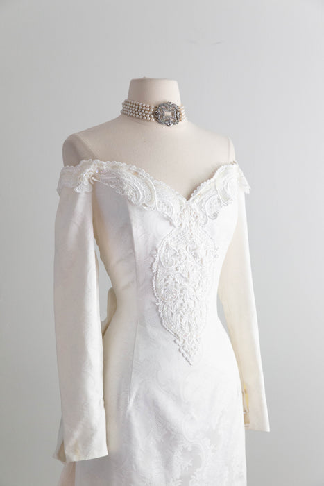 Dreamy 1980's Jessica McClintock OTS Ivory Brocade Wedding Gown / Medium