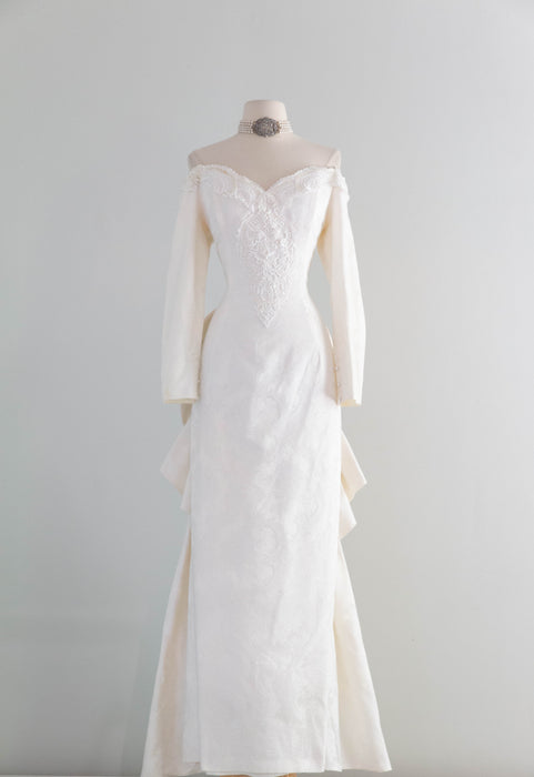 Dreamy 1980's Jessica McClintock OTS Ivory Brocade Wedding Gown / Medium