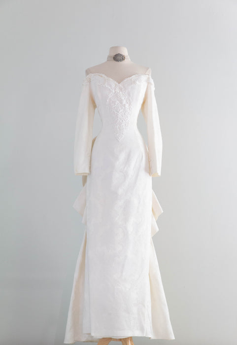 Dreamy 1980's Jessica McClintock OTS Ivory Brocade Wedding Gown / Medium