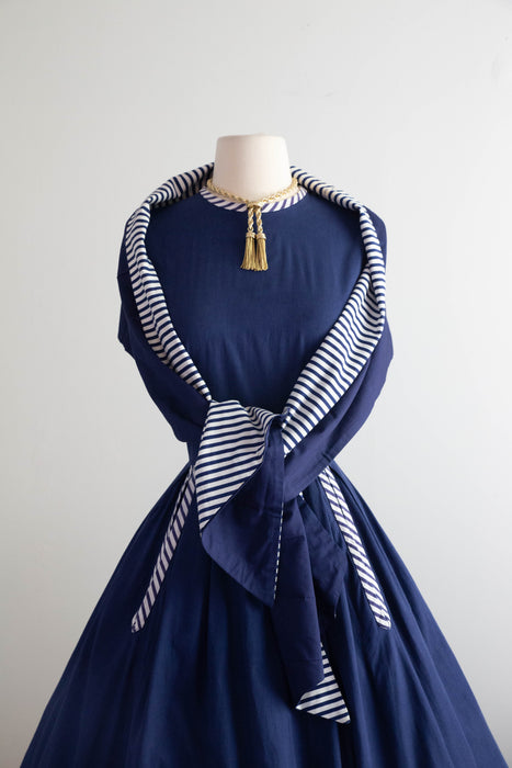 Wonderful Early 1950's New Look Era Navy Cotton Dress With Pockets & Shawl / M