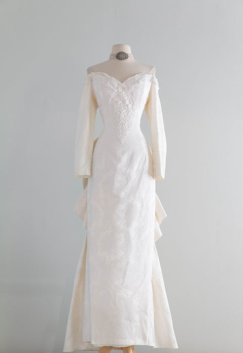 Dreamy 1980's Jessica McClintock OTS Ivory Brocade Wedding Gown / Medium