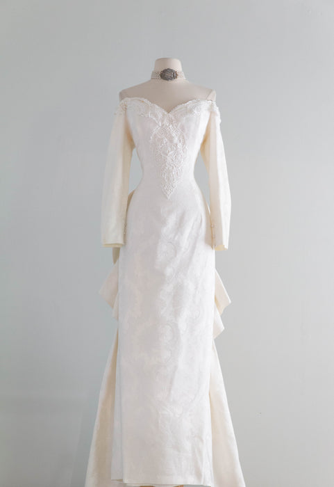 Dreamy 1980's Jessica McClintock OTS Ivory Brocade Wedding Gown / Medium