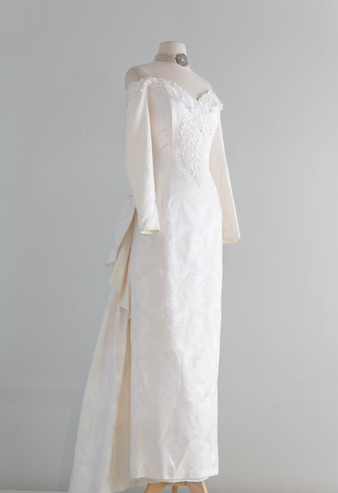 Dreamy 1980's Jessica McClintock OTS Ivory Brocade Wedding Gown / Medium