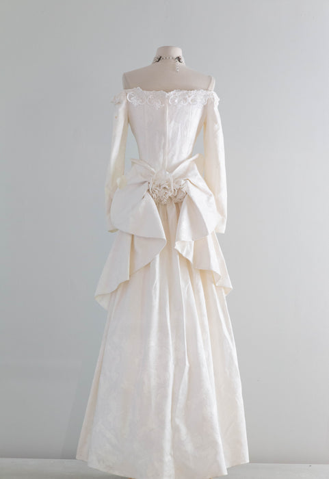 Dreamy 1980's Jessica McClintock OTS Ivory Brocade Wedding Gown / Medium